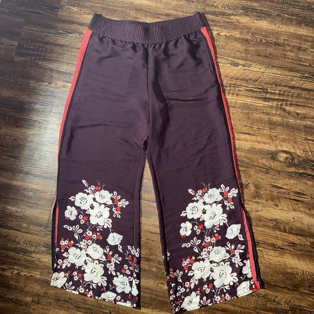Aerie Maroon Japanese Cherry Blossom Print Wide Leg Pants Women's Large